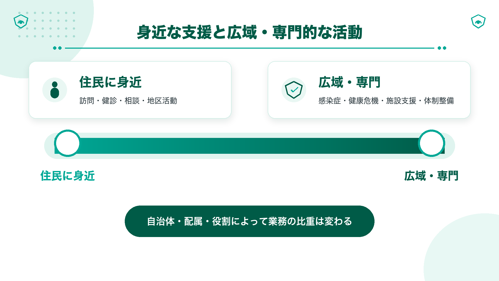 住民に身近な市町村の保健活動と広域的・専門的な保健活動の特徴を示す比較図